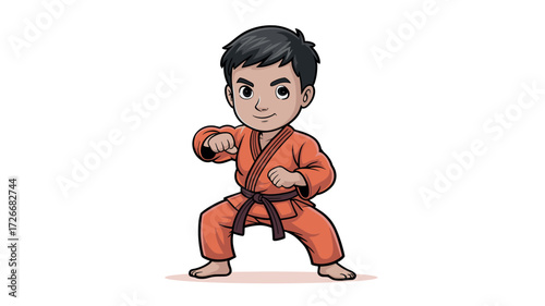 Cartoon Boy in Orange Karate Gi Performing a Fighting Stance