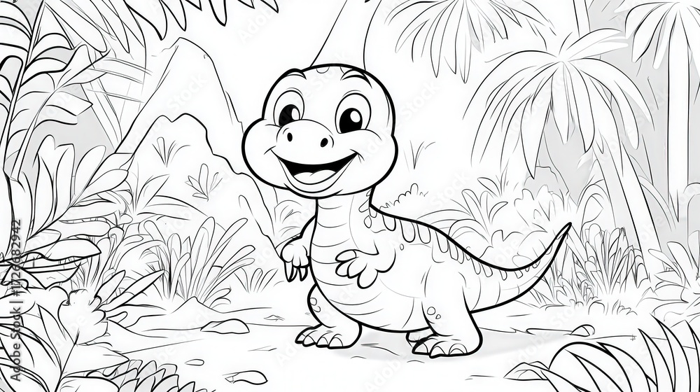 Obraz premium A cheerful dinosaur stands among tropical plants with a friendly smile, surrounded by playful details. The scene blends nature, whimsy, and character design in a fun and imaginative illustration.