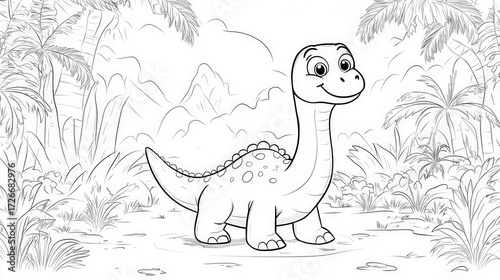 A cheerful dinosaur stands among tropical plants with a friendly smile, surrounded by playful details. The scene blends nature, whimsy, and character design in a fun and imaginative illustration.