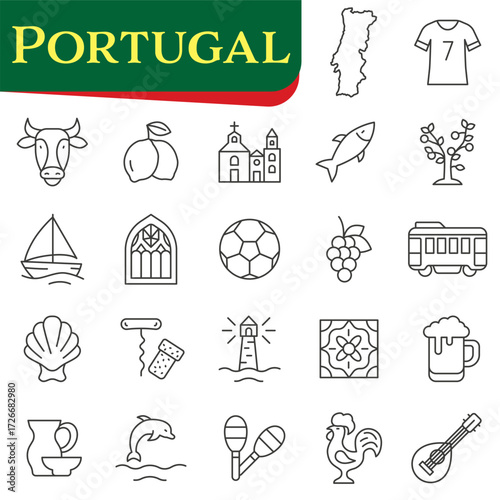 Set of icons of Portuguese culture, symbols, and landmarks. Symbols of Portugal.