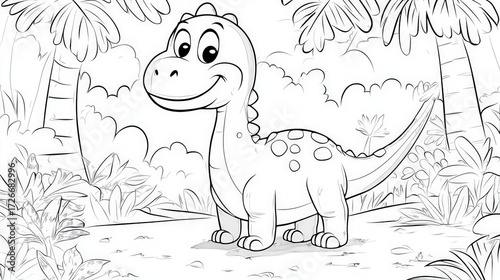 A cheerful dinosaur stands among tropical plants with a friendly smile, surrounded by playful details. The scene blends nature, whimsy, and character design in a fun and imaginative illustration.