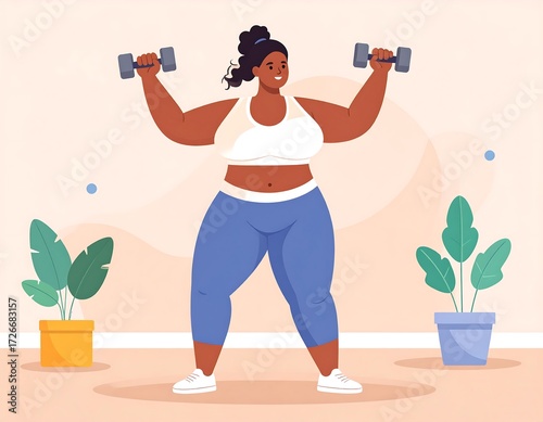 Plus-size woman exercising with dumbbells