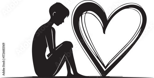 Monochrome Heart and Soul: A poignant monochrome illustration portraying a solitary figure and an emblematic heart, conveying themes of introspection, emotional vulnerability, and soulful reflection.