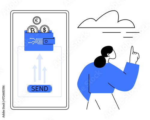 Digital wallet transfer icon with Bitcoin, Euro, Dollar, and Send button. Woman pointing towards cloud and idea. Ideal for fintech, cryptocurrency, blockchain innovation payment finance future. A