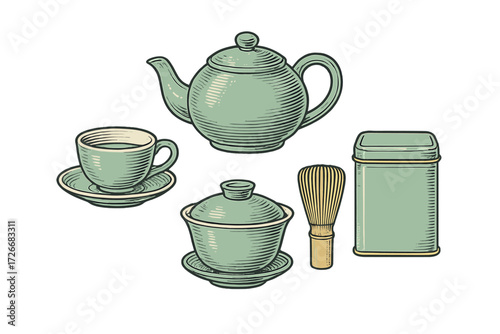 Elegant collection of traditional Japanese tea ceremony items including teapot, teacup, gaiwan, whisk, and tea caddy