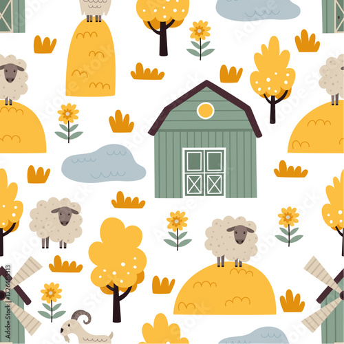 Autumn pattern with goats and sheep.