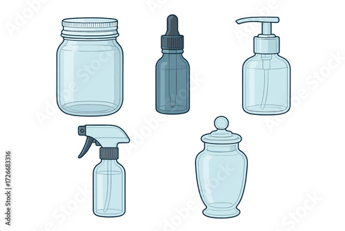 Assortment of empty transparent glass and plastic bottles and jars for various liquids and storage purposes