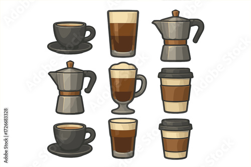 Coffee beverages and brewing equipment collection with espresso makers, cups, and glasses for cafes and restaurants
