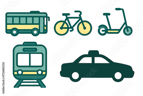 Diverse set of urban transportation modes featuring public transit, personal mobility, and taxi services for modern city travel