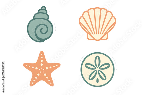 Stylized marine life elements collection featuring various sea shells, starfish, and sand dollar designs