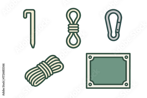 Various essential outdoor adventure and camping equipment items including ropes, carabiner, tent peg, and tarp