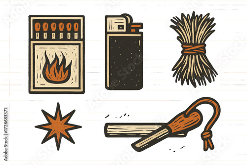 Collection of fire starting essentials: matchbox, lighter, kindling, and spark for outdoor adventures and emergency use