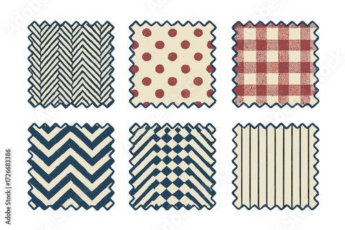 Elegant collection of vintage fabric swatches showcasing classic patterns including herringbone, polka dots, and gingham designs