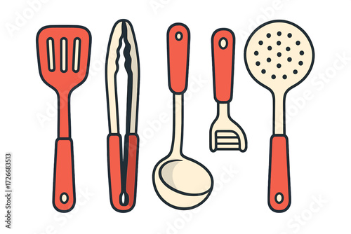 Variety of essential kitchen utensils and cooking tools including spatula, tongs, ladle, masher, and skimmer for culinary tasks and food preparation