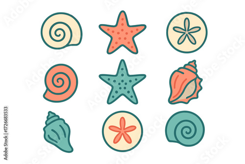 Colorful assortment of ocean treasures including conch shells, spiral shells, starfish, and sand dollars