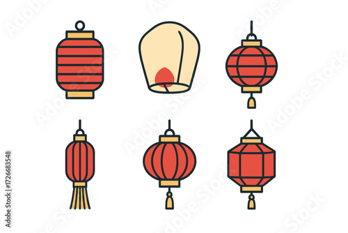 Set of traditional Chinese lanterns and a sky lantern for Lunar New Year celebrations and cultural events