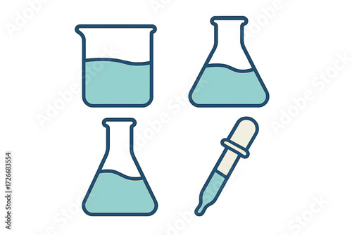 Essential chemistry lab instruments: beaker, two Erlenmeyer flasks, and dropper with light blue substance