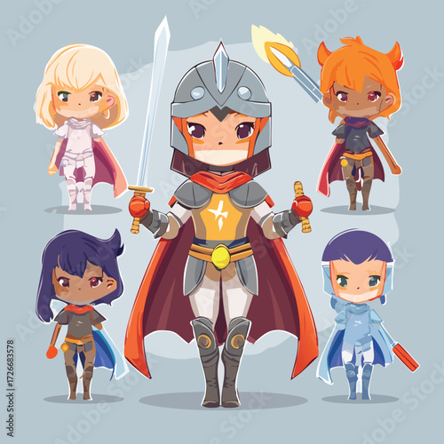 Adorable Chibi Fantasy Warrior Team - Cute Cartoon Knight and Diverse Heroes Ready for Adventure, Role-Playing Games, and Epic Medieval Quests