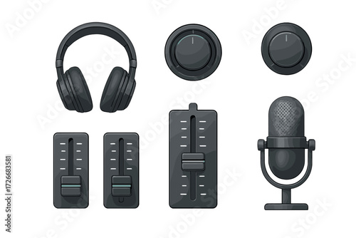 Professional audio recording studio equipment set with headphones microphone and sound mixer controls