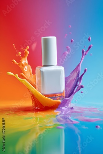 white Nail Polish Bottle on rainbow nail polish Splash, mockup, template