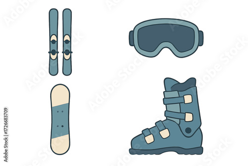 Collection of winter sports equipment including skis, snowboard, ski goggles, and a ski boot for cold weather activities and recreation