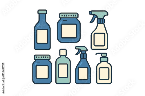 Collection of diverse household cleaning and personal care product containers with customizable blank labels