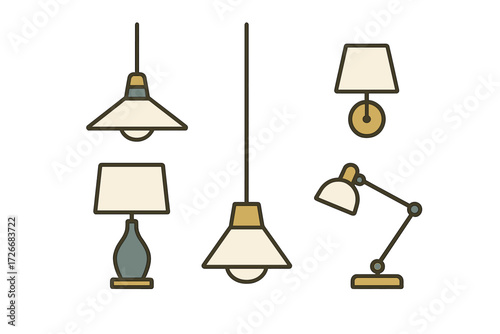 Assortment of stylish lighting fixtures for home and office interiors, featuring pendant, table, wall, and adjustable desk lamps