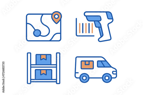 Logistics and delivery service icons set including map location, barcode scanner, warehouse shelf, and shipping van