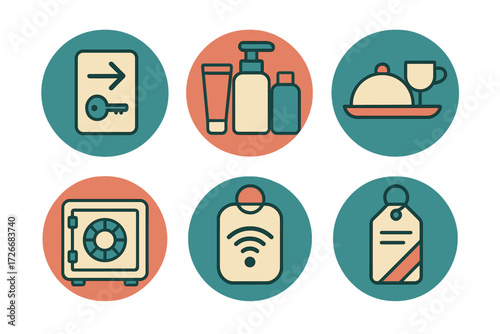 Hotel services and amenities including room key, toiletries, room service, safe, WiFi, and luggage tag
