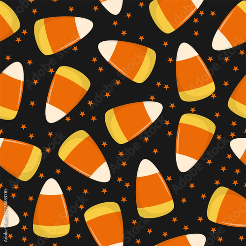 Seamless pattern of candy corn on a black background. Halloween design. Vector cartoon.