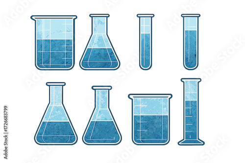 Assortment of scientific laboratory glassware including beakers, flasks, and test tubes with blue liquid