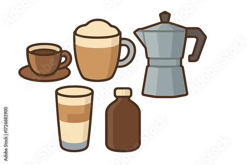 Collection of coffee drinks and brewing accessories featuring a Moka pot, frothy latte, and espresso cup