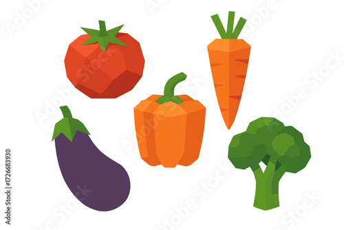 Assortment of fresh healthy vegetables in a modern geometric style featuring tomato, carrot, eggplant, bell pepper, and broccoli