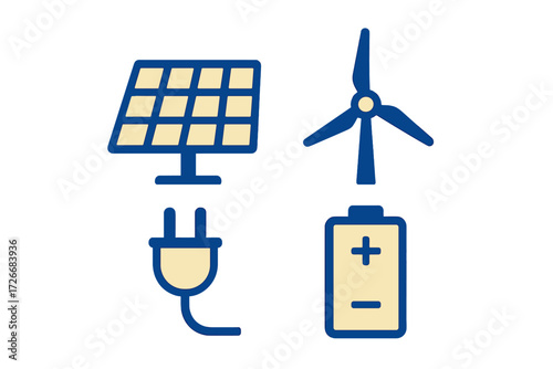 Renewable energy sources, power generation, electricity supply, and battery storage representing sustainable technology and green solutions
