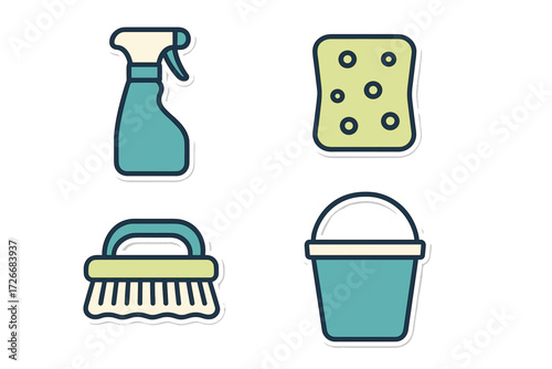 Collection of household cleaning supplies including bucket, scrubbing brush, sponge, and spray bottle for hygiene tasks