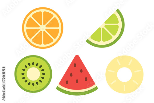 Assortment of colorful tropical fruit slices including orange, lime, kiwi, watermelon, and pineapple