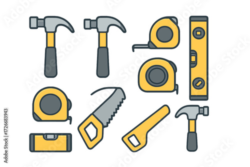 Essential construction and carpentry tools including hammers, tape measures, hand saws, and spirit levels for various tasks