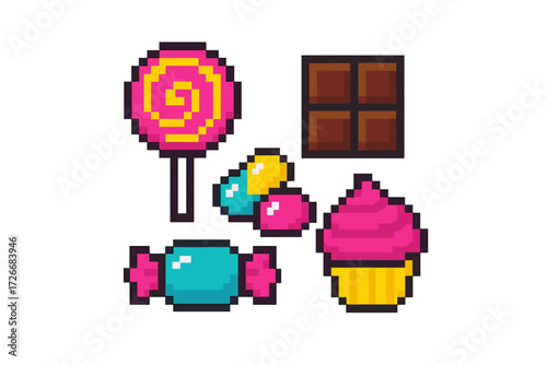 Assortment of colorful pixel art sweets including a lollipop, chocolate bar, wrapped candy, and cupcake