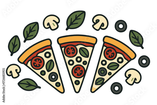 Delicious pizza slices with fresh ingredients including tomatoes, basil, mushrooms, and olives arranged on a white background