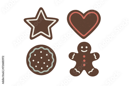 Assortment of festive gingerbread cookies in various shapes including star, heart, round, and gingerbread man with decorative icing