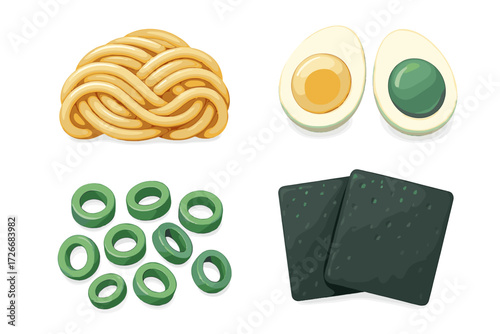 Stylized food components featuring intertwined golden noodles, perfectly sliced boiled eggs, vibrant green rings, and dark textured crackers for Asian cuisine