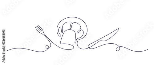 Chef hat, knife, fork. One continuous line symbol