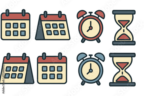 Essential time management and scheduling concepts illustrated with calendars, alarm clocks, and hourglasses