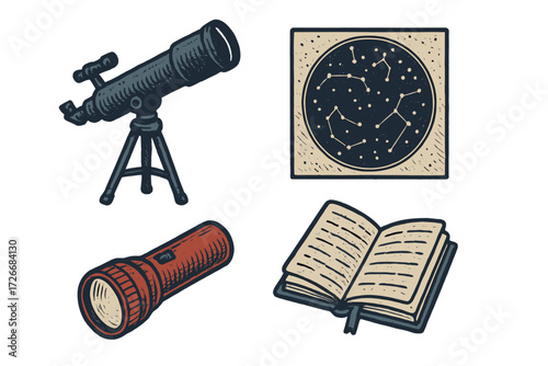 Astronomy exploration tools and celestial map with telescope, flashlight, and open book for stargazing and scientific discovery