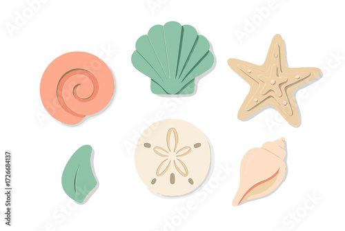 Colorful collection of various seashells, a sand dollar, and starfish in a modern paper cut style with layered shapes