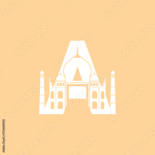 A stylized white silhouette of the Taj Mahal integrated into the letter A on a pale orange background.