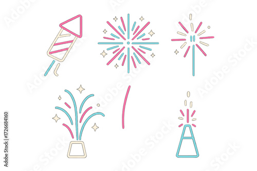Vibrant celebration fireworks, rocket, sparkler, and party popper icons set for festive events and holidays