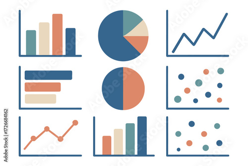 Data visualization charts and graphs for business analytics and financial reporting, including bar, pie, and line charts