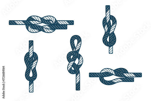 Set of different rope knots used in sailing, boating, and various outdoor activities for security and fastening