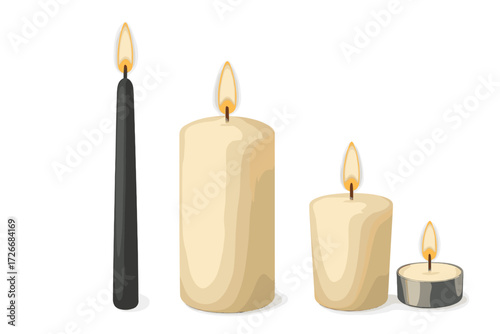 Collection of various lit candles including taper, pillar, votive, and tea light on white background